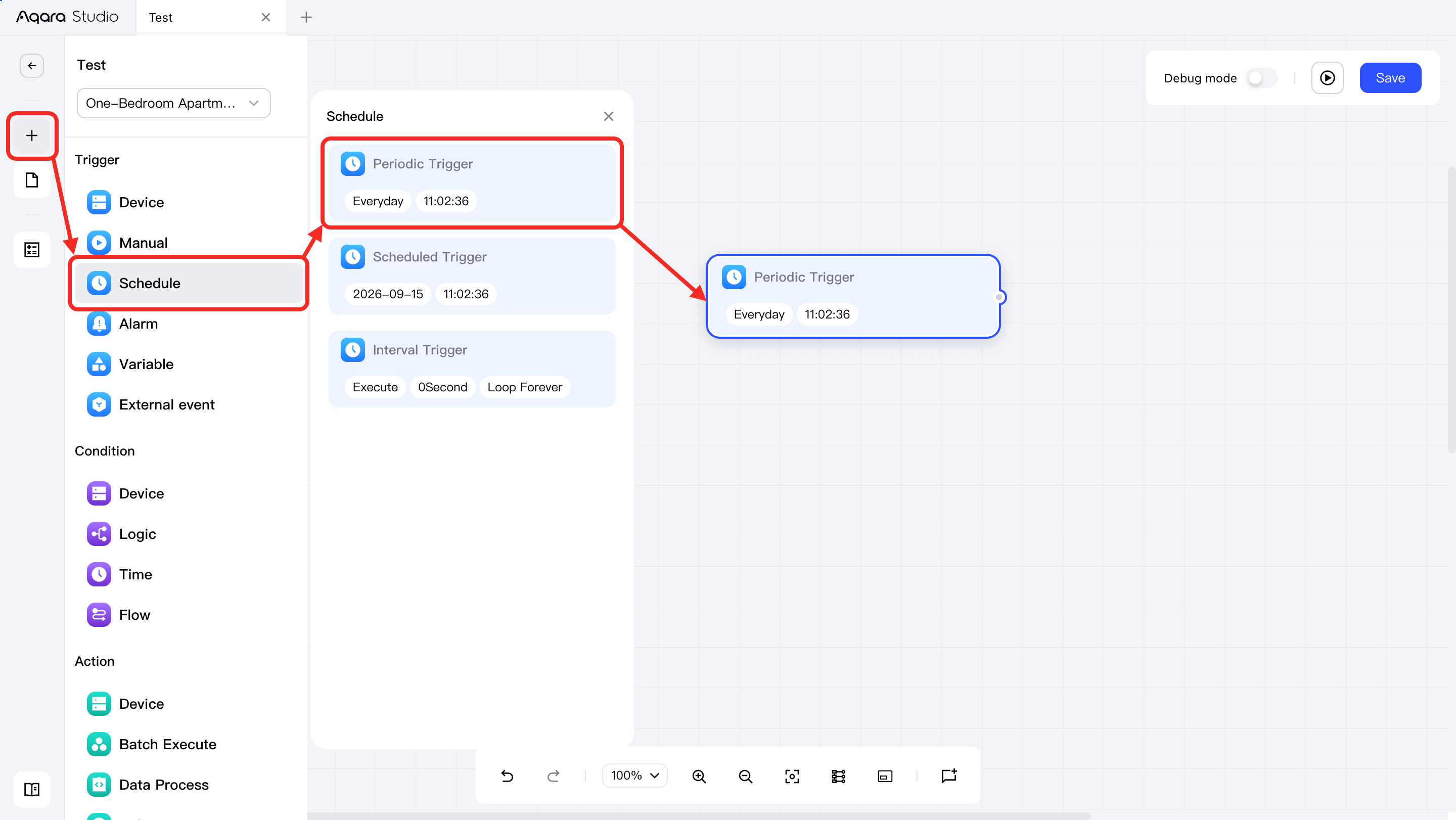 Click the + button, select the detailed card, and add it to the canvas