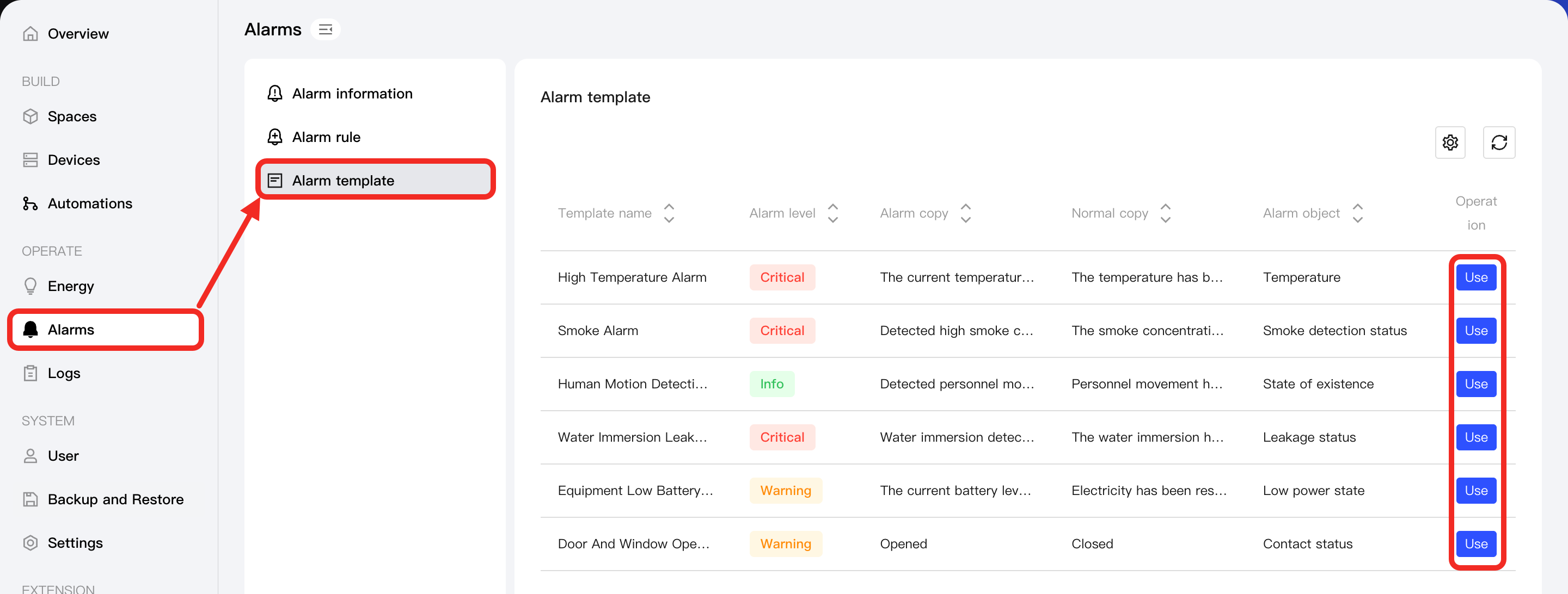 Enable Alarm Template