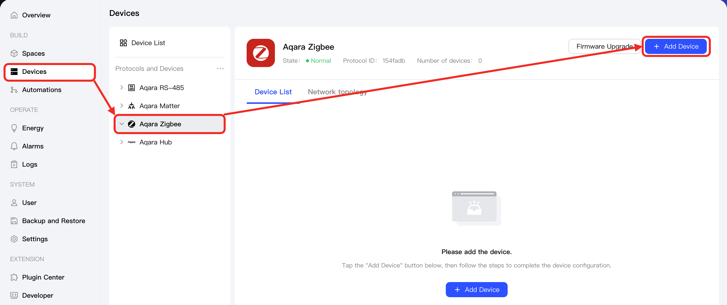 Select Aqara Zigbee and click the Add Device button