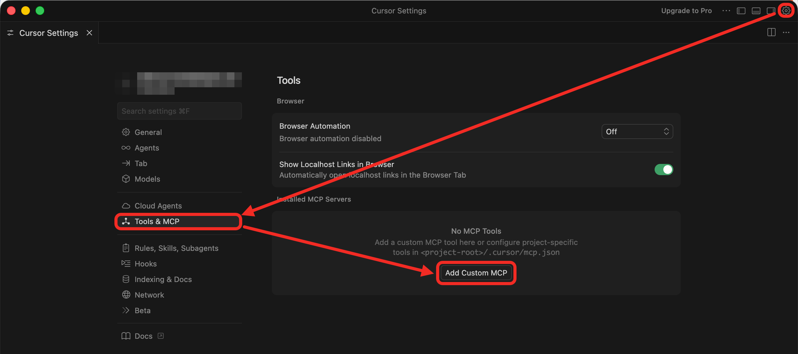 在 Cursor 选择 Add Custom MCP