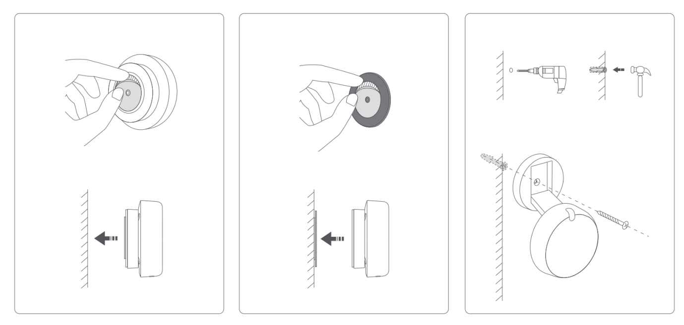 Device supports installation via adhesive, magnetic absorption, expansion screws